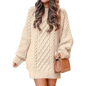 Women Oversized Cable Knit Sweater Apricot Chunky Long Sleeve Fall Winter Outfit